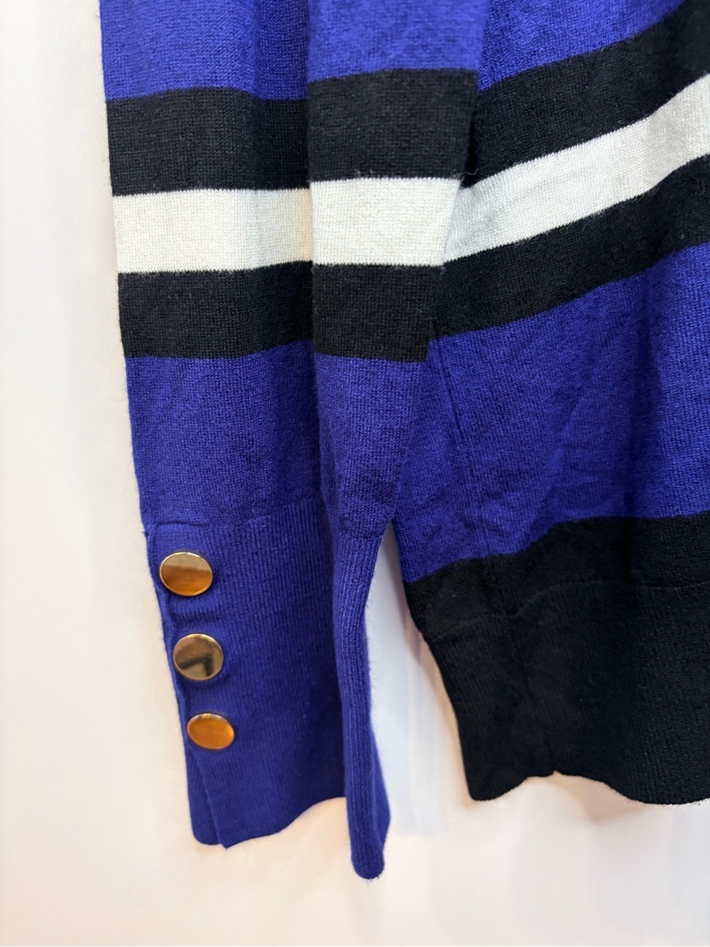 Elliot Lauren Women’s Blue, Black, White Striped Sweater w/ Gold Buttons, Large - Picture 3 of 7